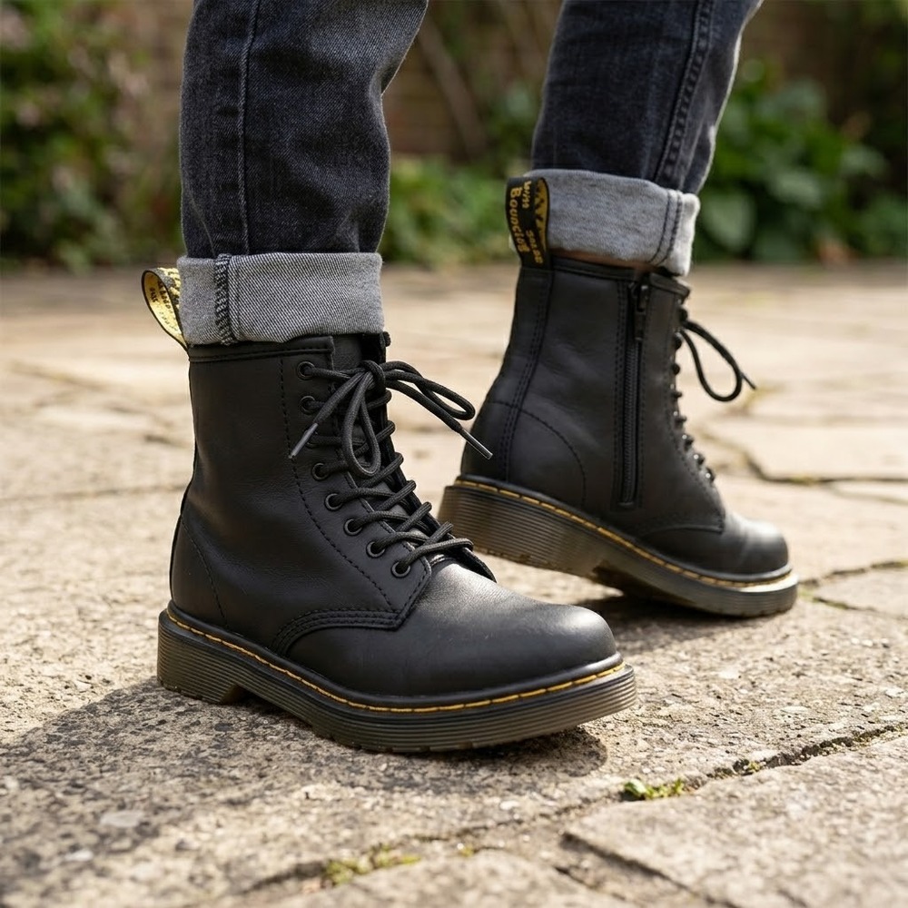 Dr. Martens 1460 J Kids Black Leather Lace Up Side Zip Boots Size 11 US 10 UK